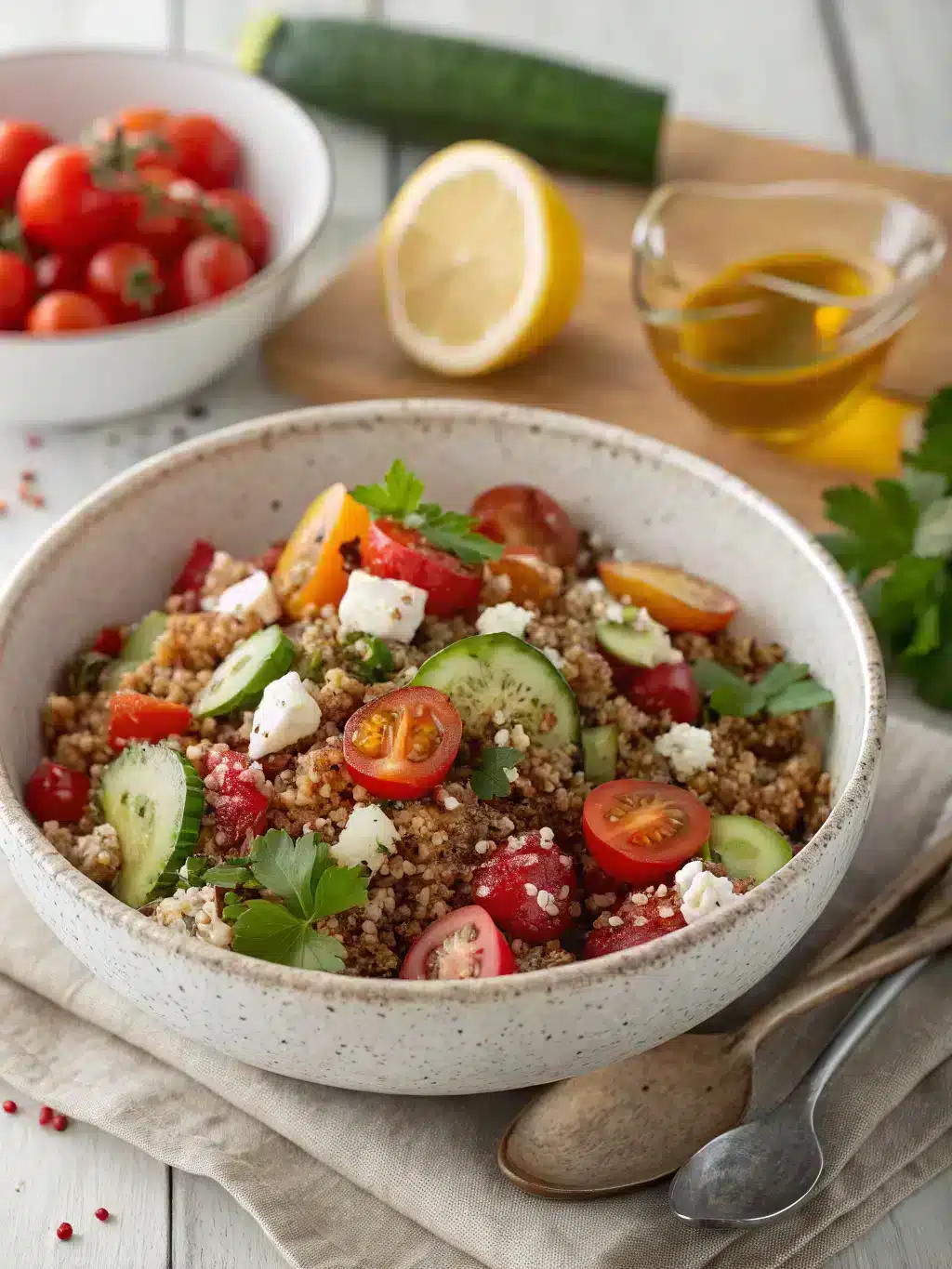 Try this refreshing quinoa salad recipe with crisp cucumber, juicy tomatoes, and tangy feta cheese, tossed in a zesty lemon dressing. Perfect for lunch or a light dinner.