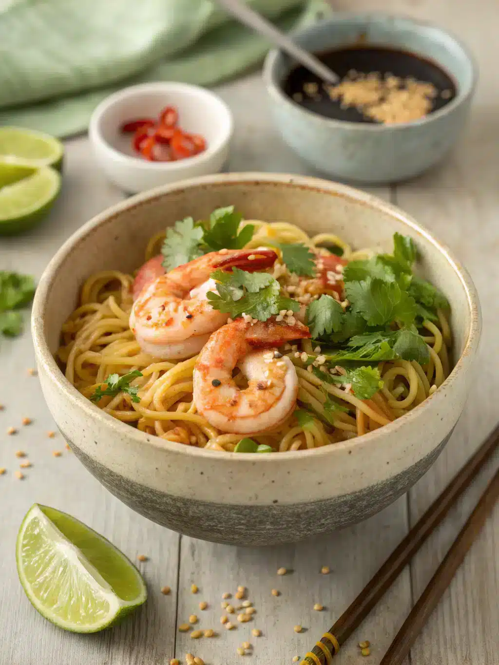 Creamy shrimp noodle bowl with rice noodles, fresh ginger, and lime. Topped with crunchy carrots and sprouts for a light, flavorful meal.
