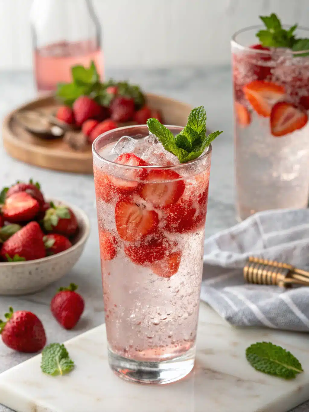 Refreshing strawberry Sprite drink made with fresh strawberries, lemon juice, and chilled soda—perfect for sipping on a hot summer day.