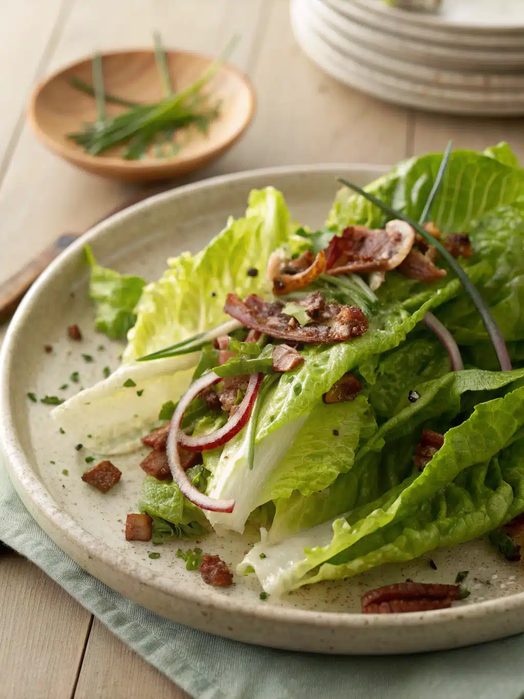 Wilted lettuce salad with caramelized onions and hard-boiled eggs