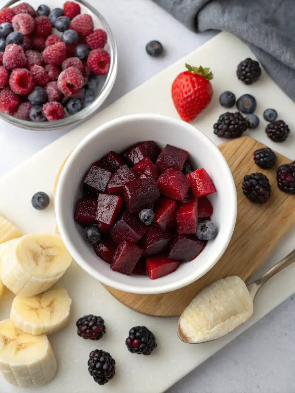 Blending a beet berry smoothie with vibrant ingredients