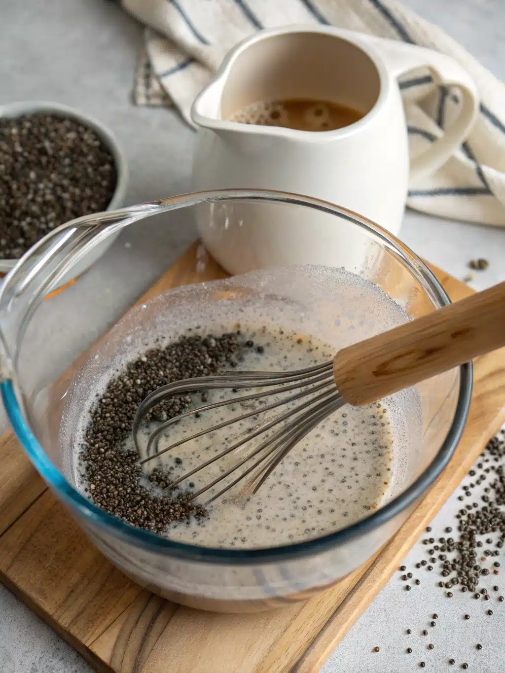 Mixing citrus juices into chia seed water for a refreshing drink