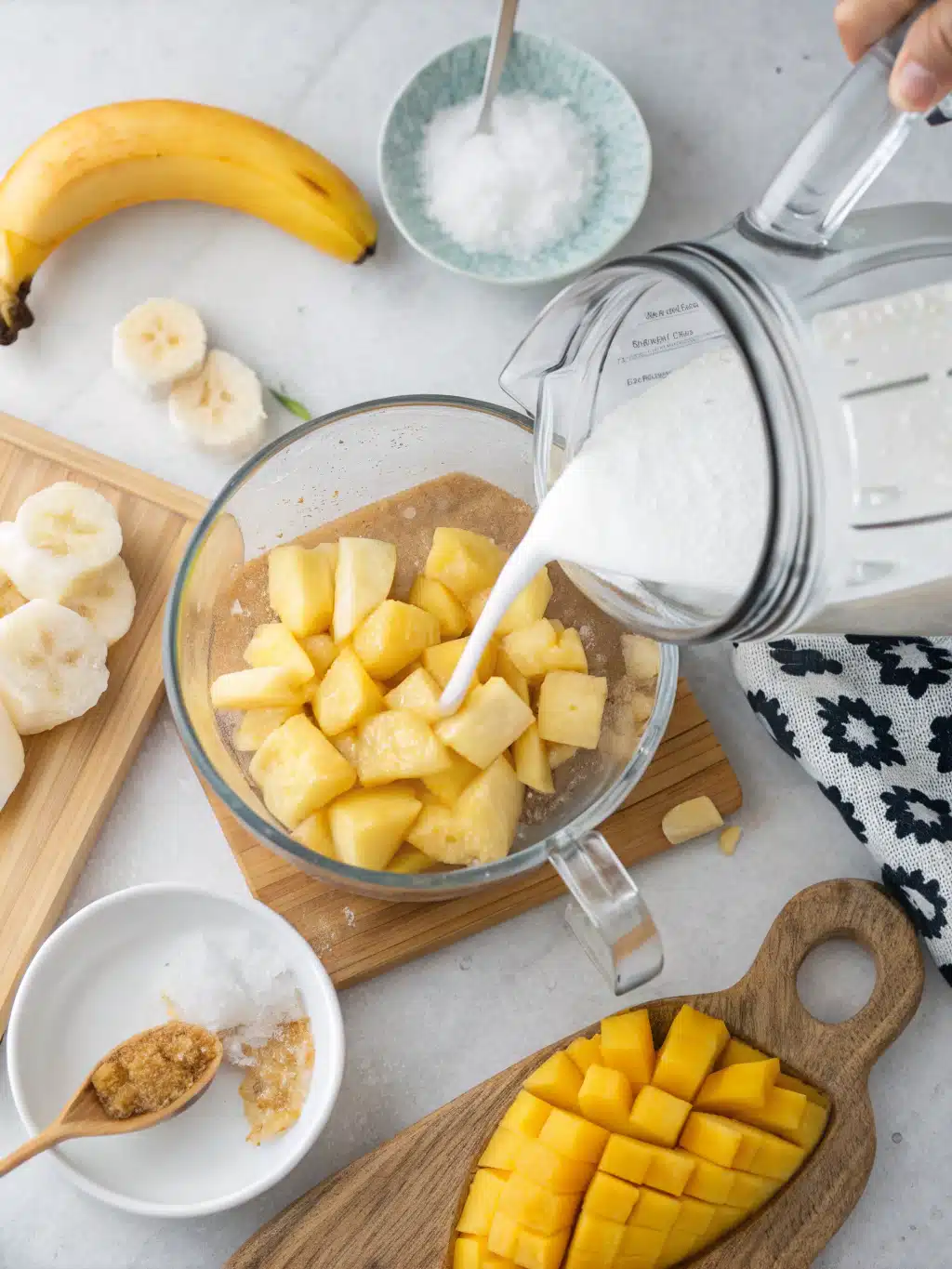 Blending tropical fruits for a coconut water smoothie