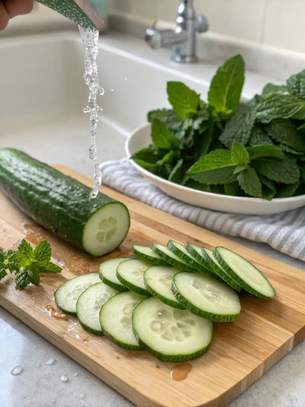 Slicing cucumber and mint for cucumber mint water