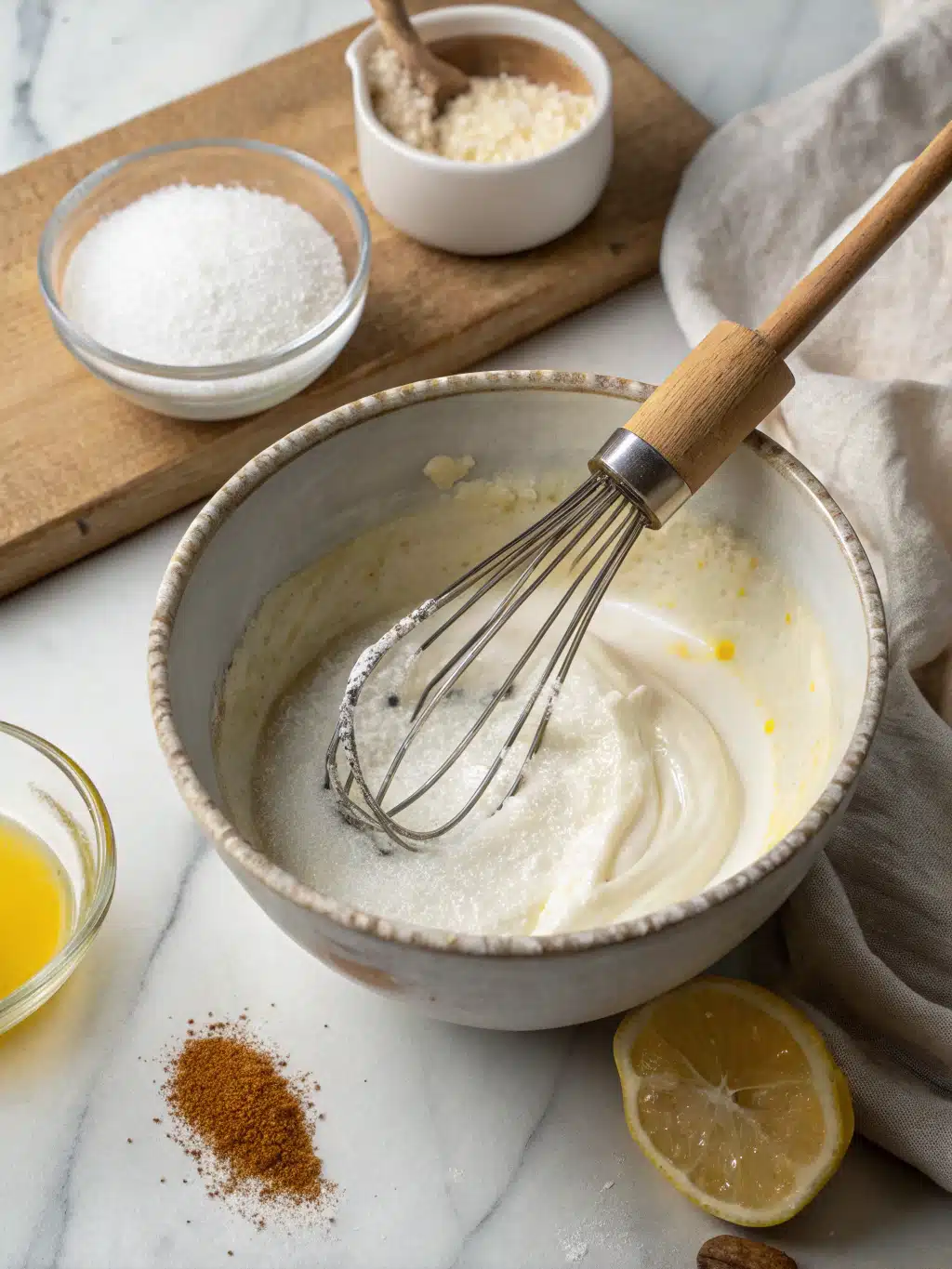 Mixing lemon juice and vanilla into yogurt for frozen yogurt recipe