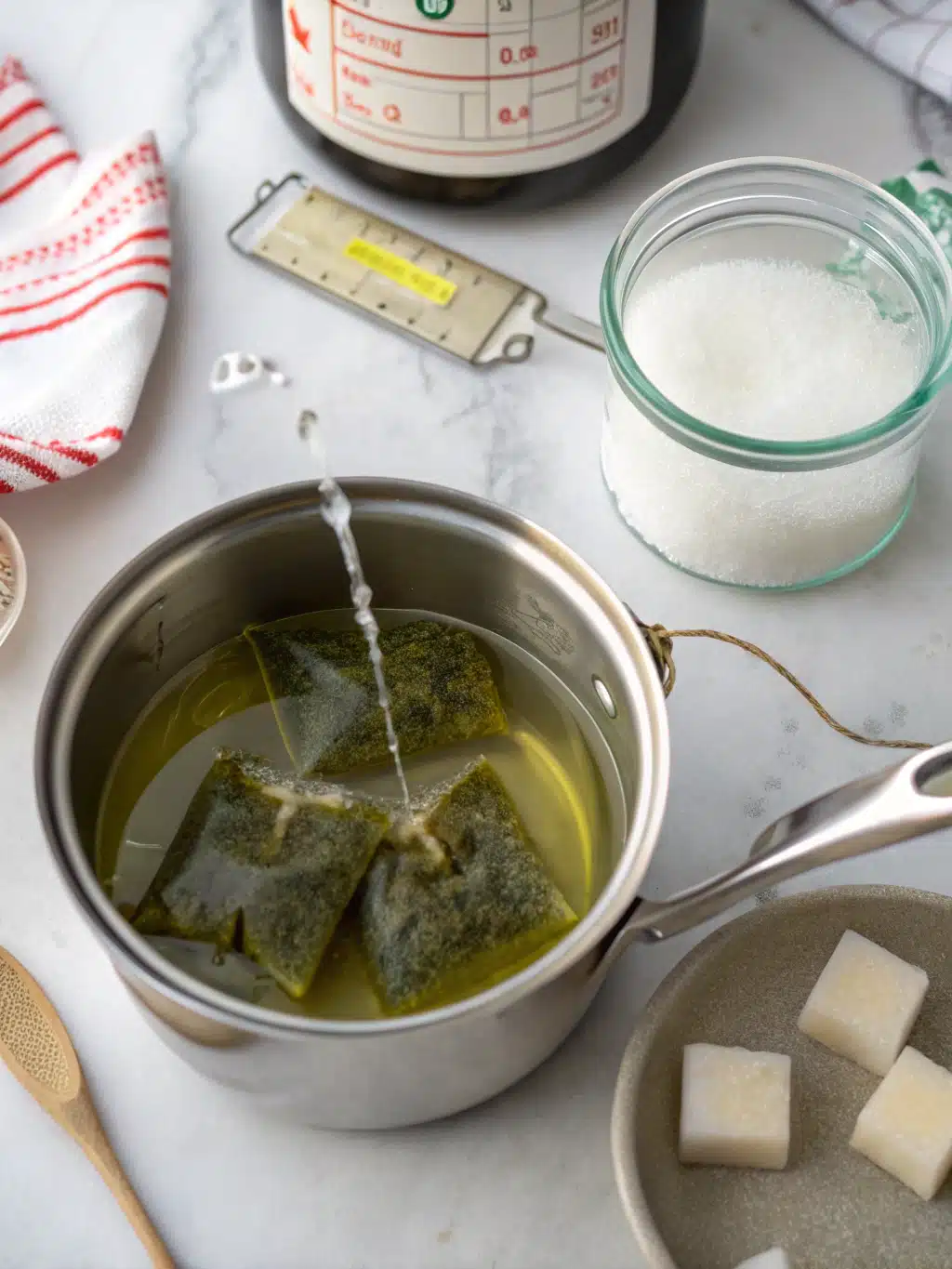 Stirring sugar into warm green tea for lemonade