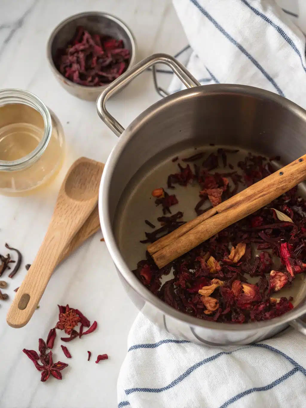 Hibiscus tea recipe simmering in a pot with cinnamon stick