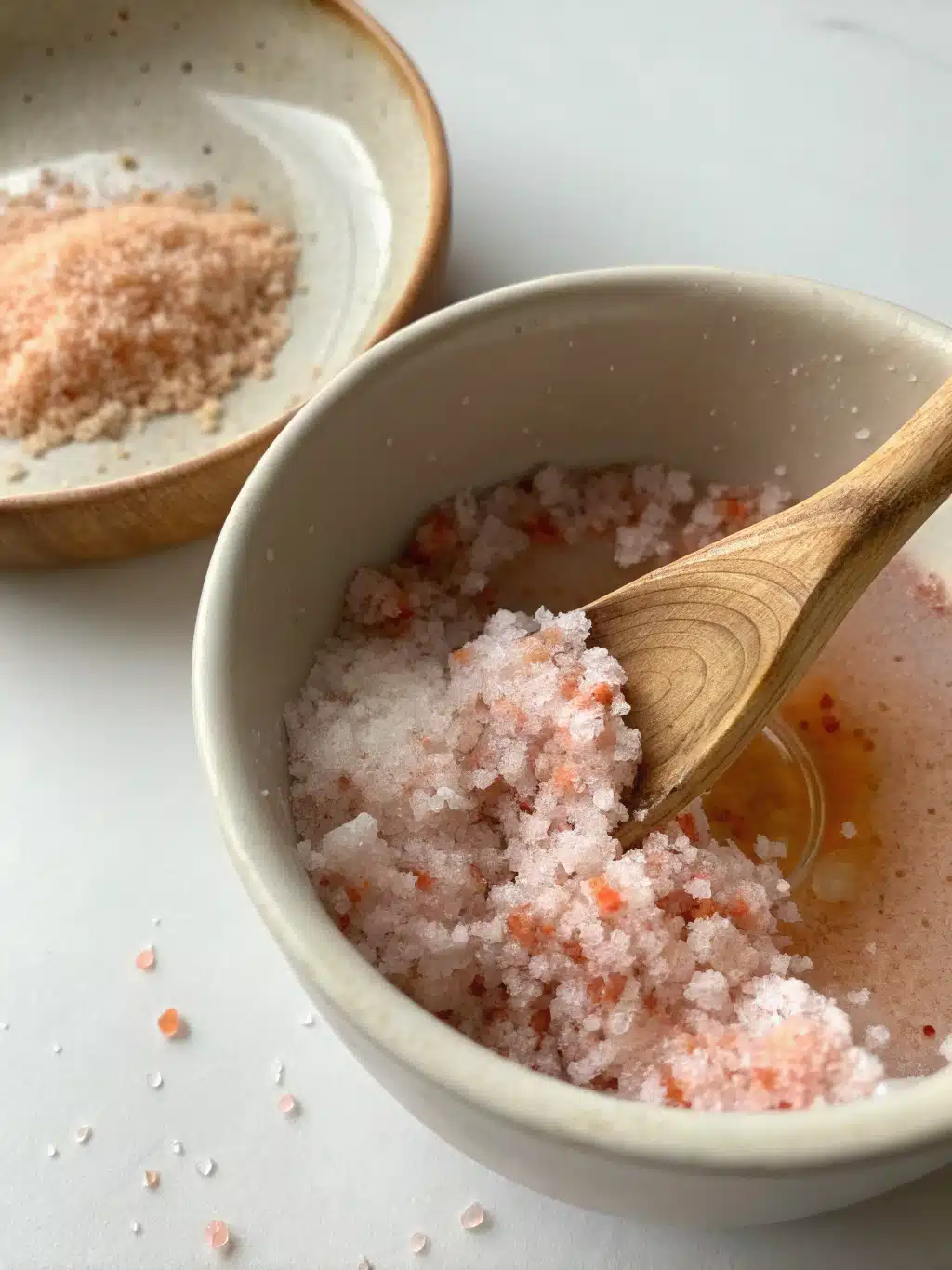 Whisking honey and lemon into Himalayan salt water for seasoning