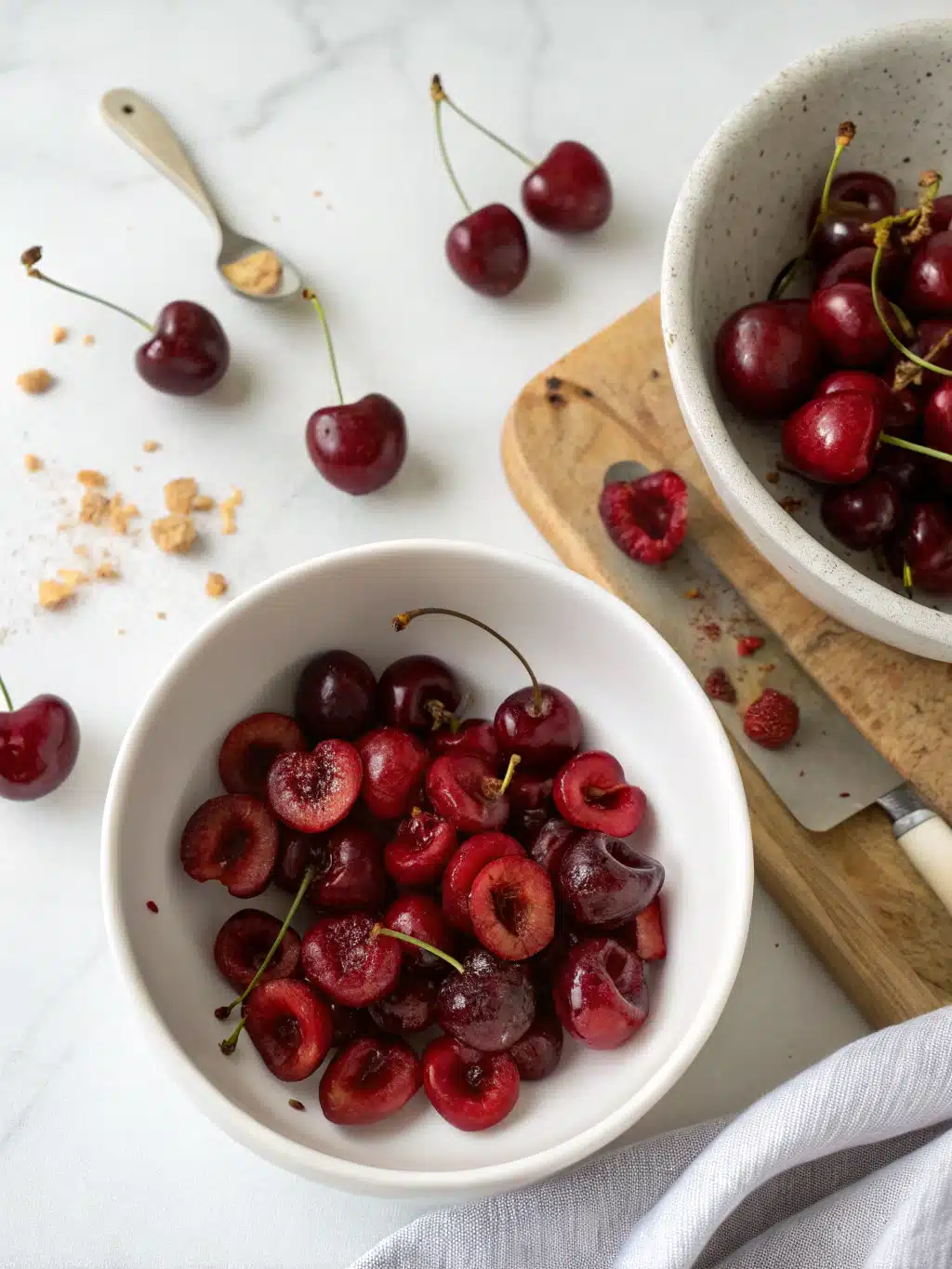 Blending cherries for lemon cherry sorbet