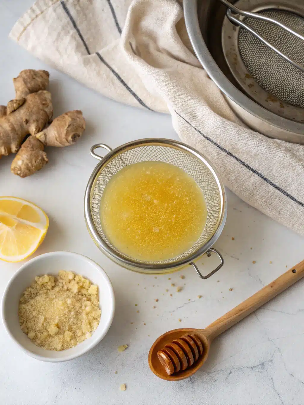 Straining fresh ginger syrup for lemon ginger tonic