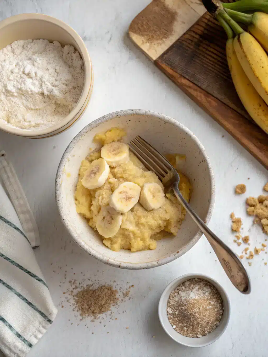 Whisking matcha powder into flour for banana bread batter