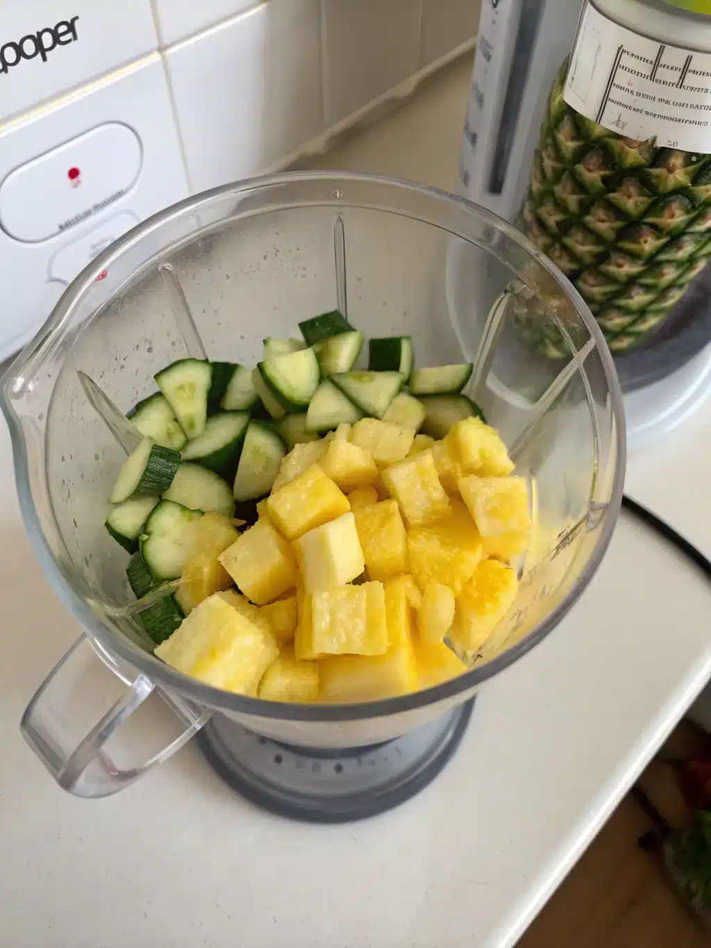 Smooth juice extraction Straining pineapple cucumber juice into a pitcher