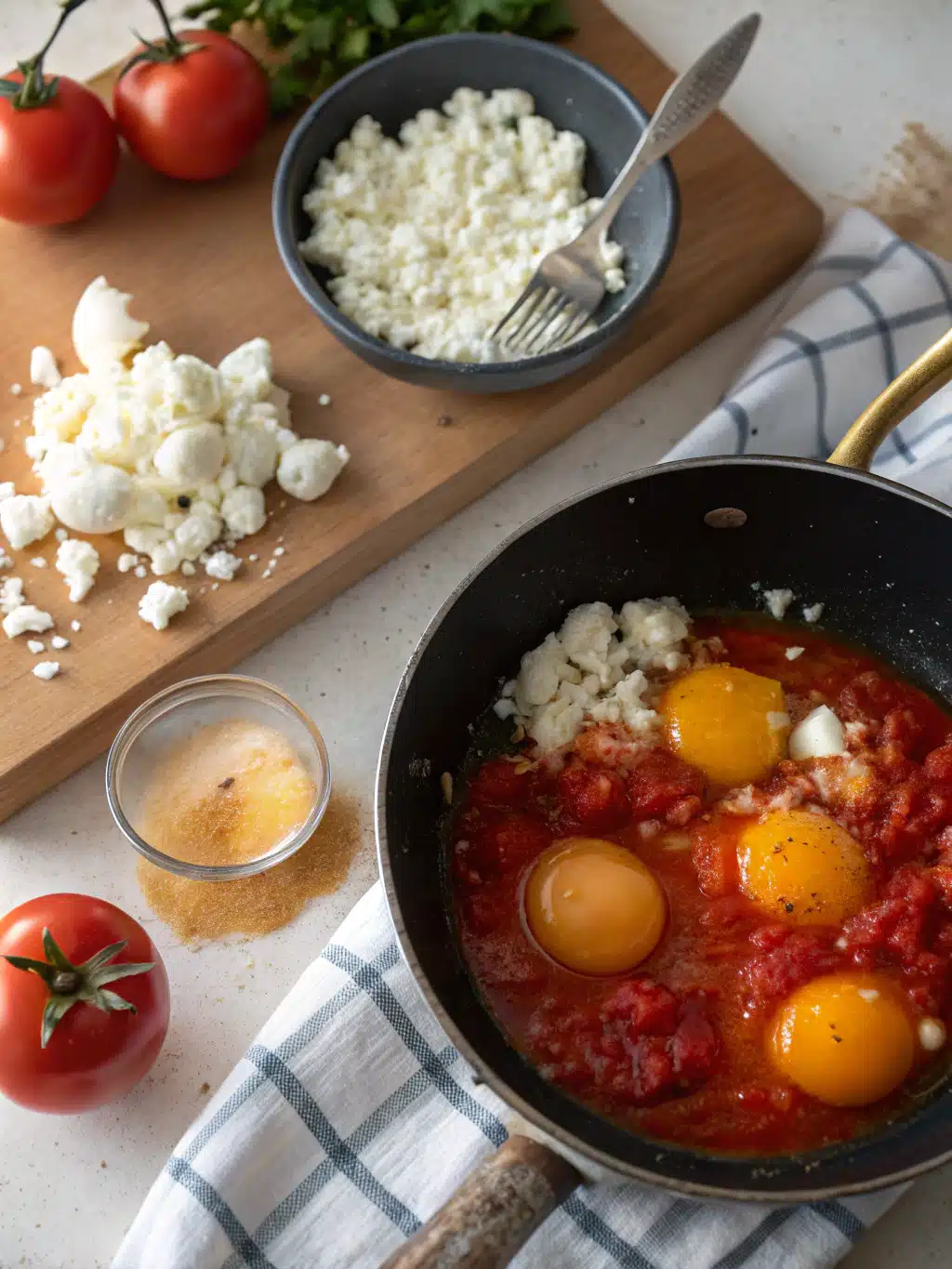 Finished Greek tomato eggs with feta and parsley garnish