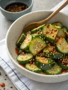 Crisp English cucumbers tossed in a spicy-sweet gochugaru dressing make this Korean cucumber salad a refreshing side dish or banchan.