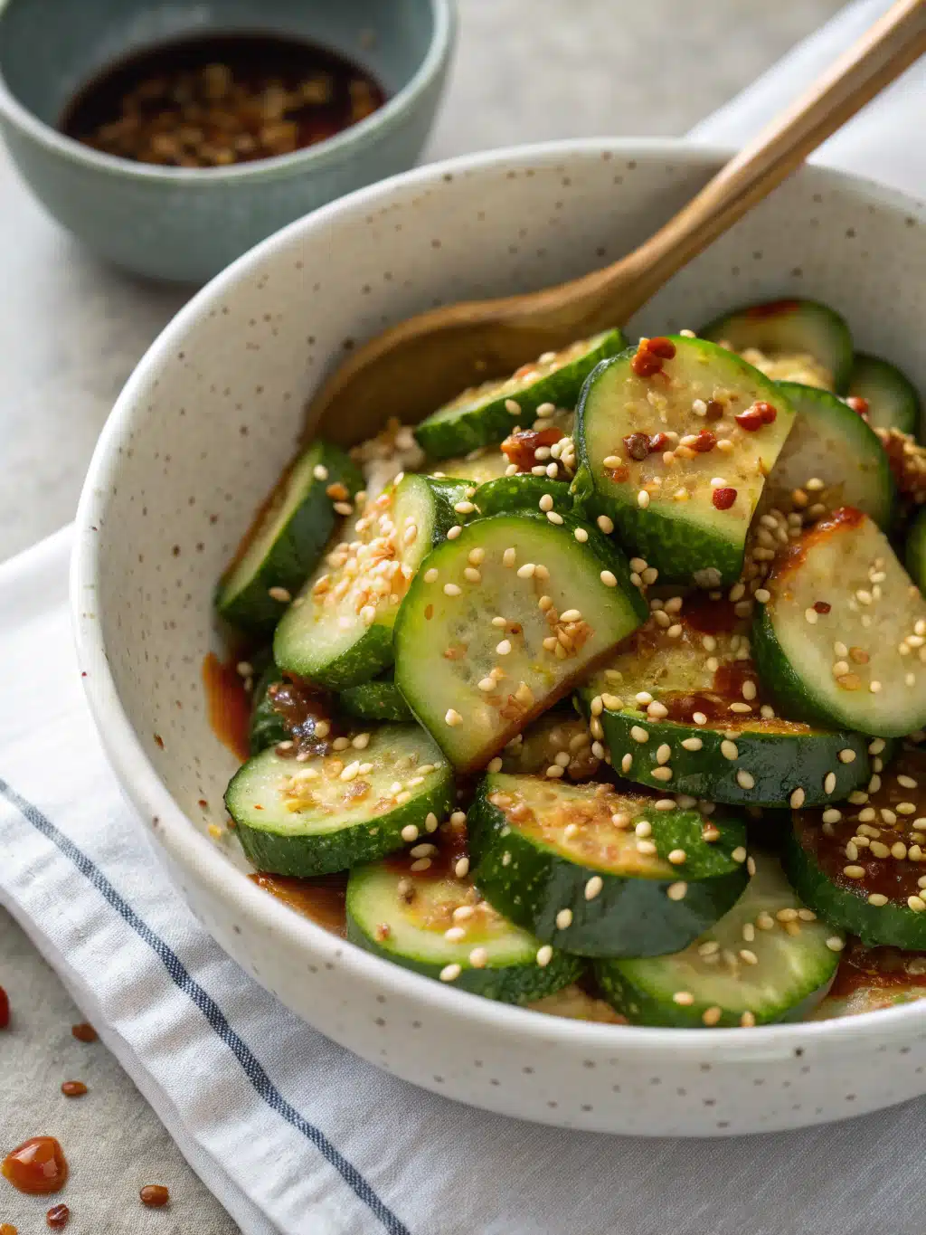 Finished Korean cucumber salad garnished with sesame seeds