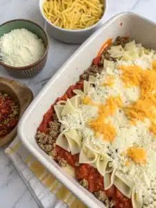 Creamy angel beef casserole features ground beef simmered in tomato sauce, layered with noodles and cheese, then baked to golden perfection. Comfort food at its best!