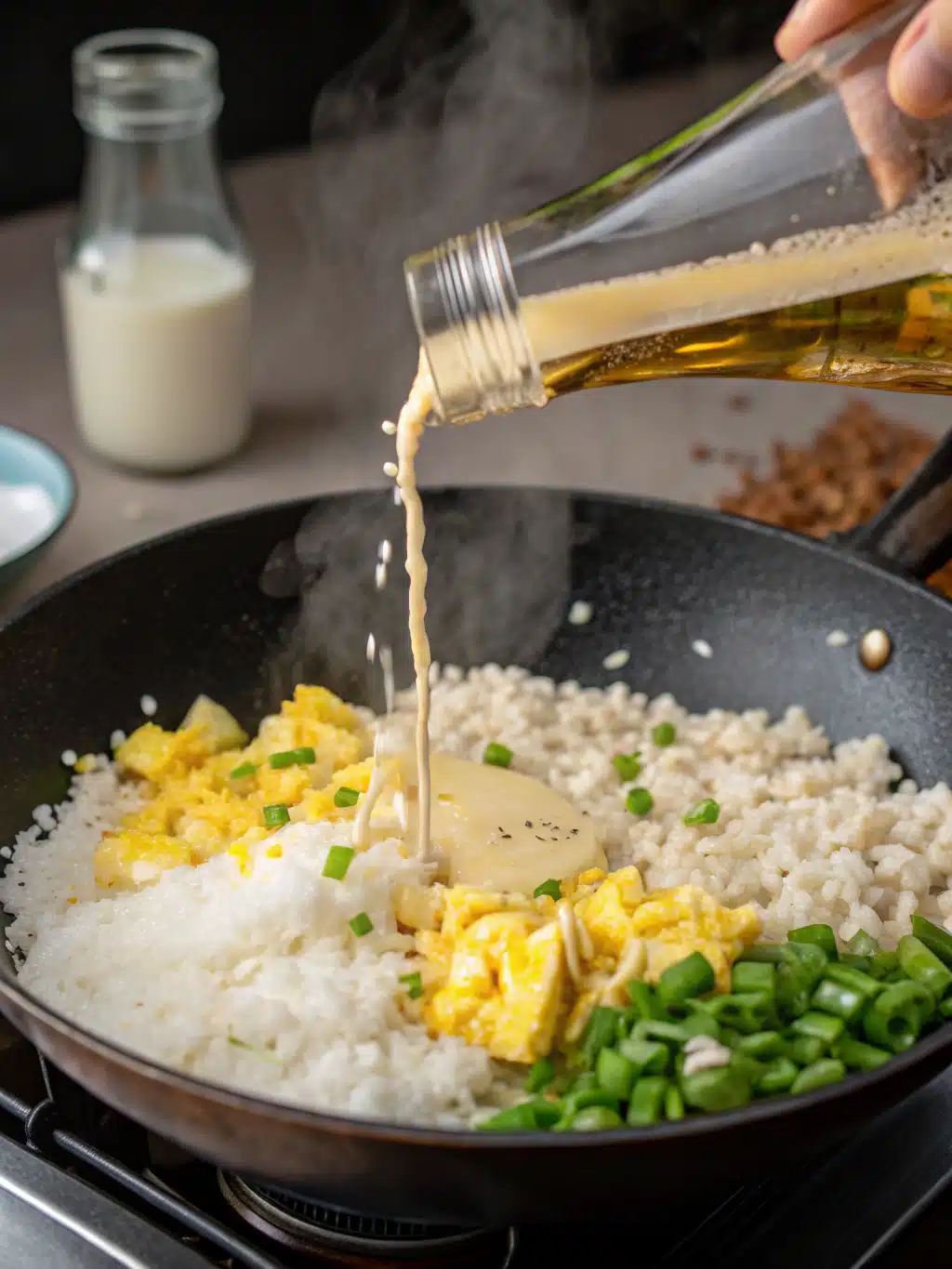 Finished bang bang fried rice garnished with green onions