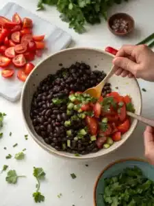 Easy bean salad recipe with chickpeas, black beans, and fresh veggies, tossed in a tangy honey-cumin dressing. Perfect chilled or at room temperature.