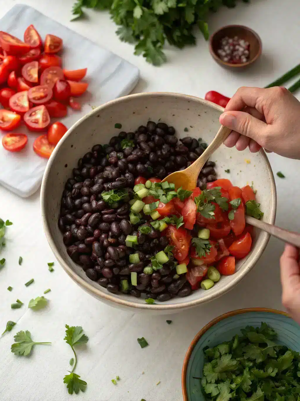 Ready-to-serve bean salad Finished black bean salad recipe served in a bowl with fresh herbs