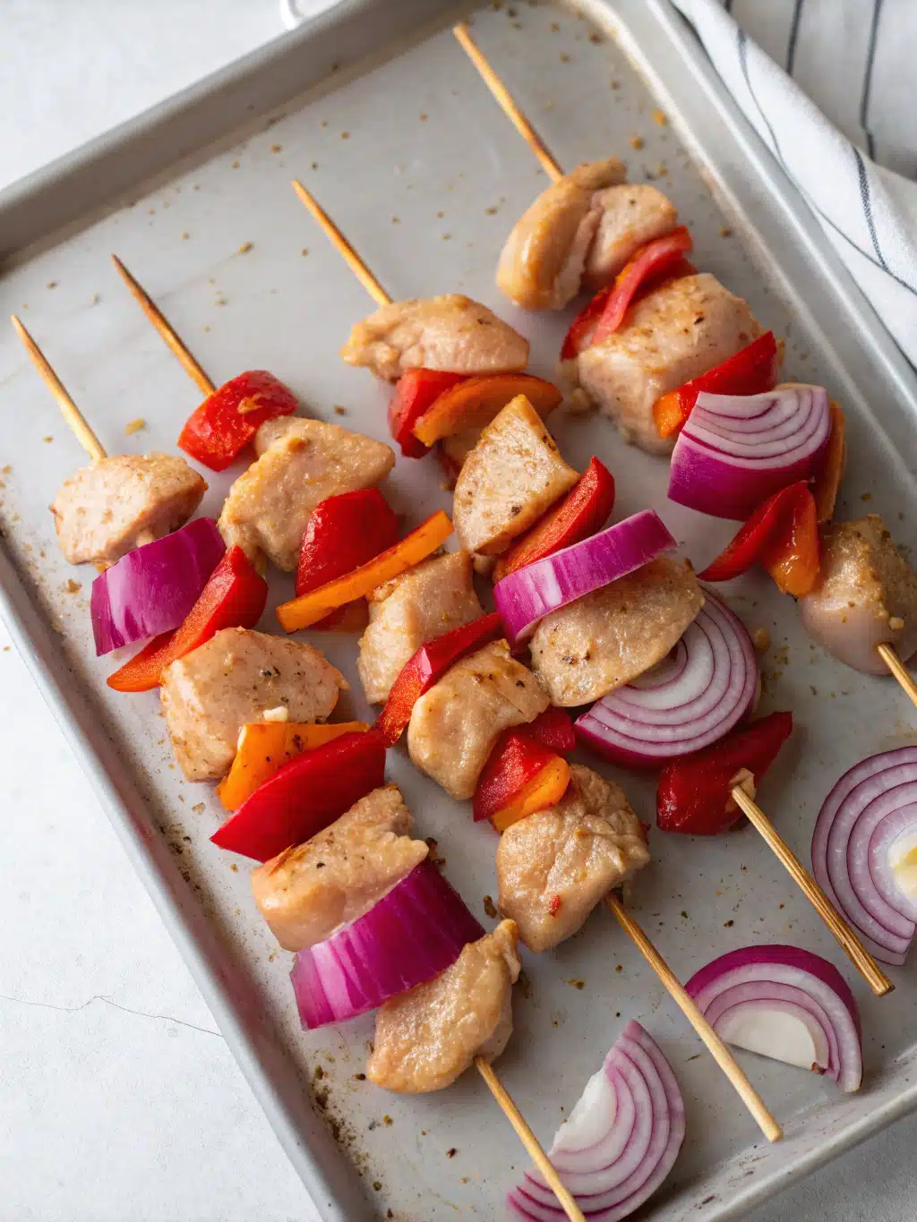 Finished chicken souvlaki recipe plated with lemon wedges