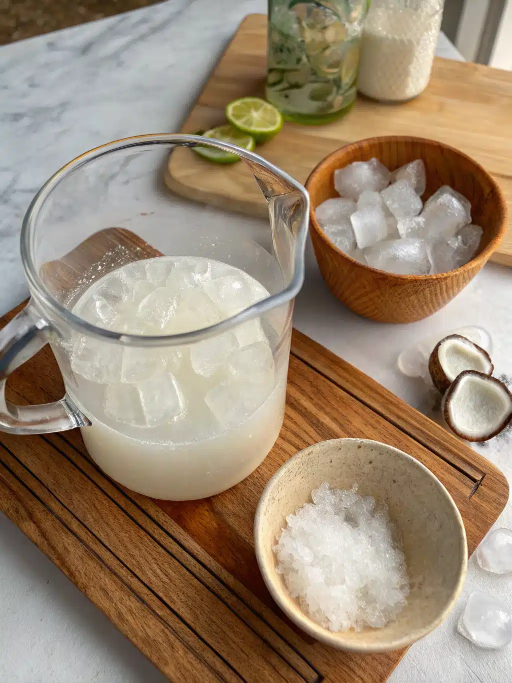 Finished coconut water drink served in a glass with ice