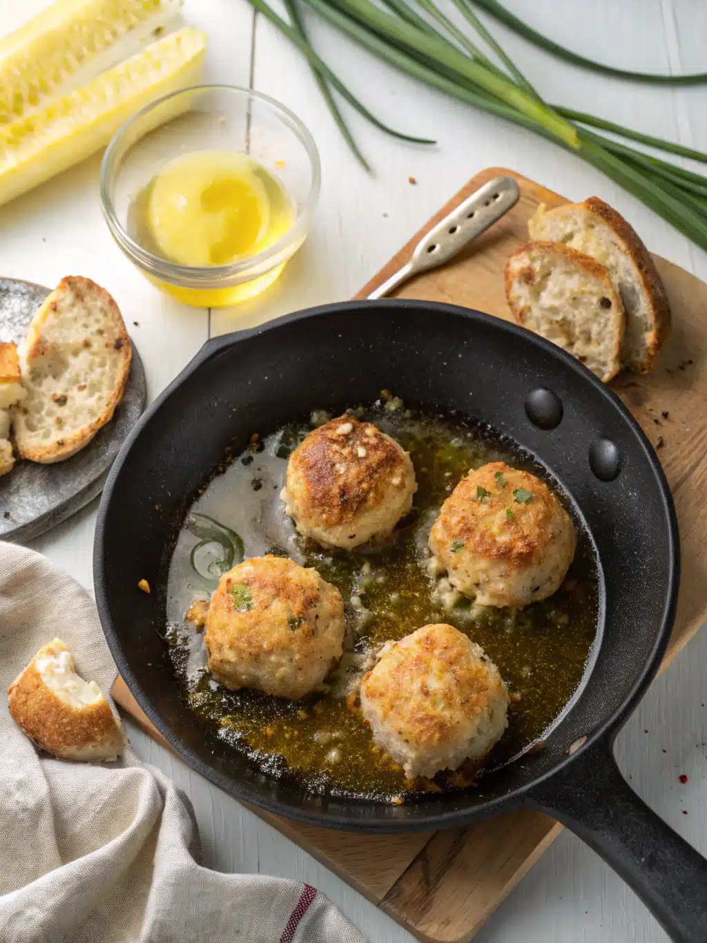 Finished crab bombs recipe plated with lemon and fresh herbs