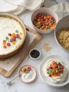 Indulge in a creamy fruity pebbles cheesecake with a graham cracker crust, topped with whipped cream and colorful cereal for a fun dessert.