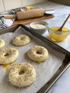 Learn how to make delicious gluten free bagels with a gluten-free flour blend, topped with everything seasoning and baked to golden perfection.