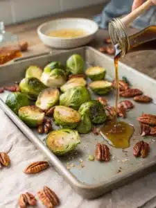 Roasted Brussels sprouts with maple syrup, pecans, and cranberries make delicious homemade healthy Thanksgiving sides easy to prepare and full of flavor.