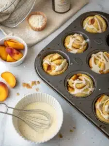 Flaky peach pie cruffins filled with spiced peach filling and drizzled with vanilla cream—perfect served warm for a sweet breakfast or dessert.