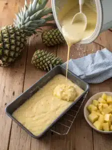 Moist pineapple cake recipe with fresh and crushed pineapple, baked to perfection and served with a sweet pineapple juice glaze.