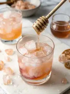 Refreshing pink salt drink with Himalayan pink salt, lemon, and honey—a hydrating blend served chilled for a revitalizing boost.
