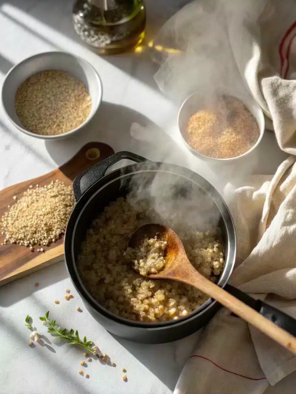 Finished Mediterranean quinoa salad with feta cheese garnish