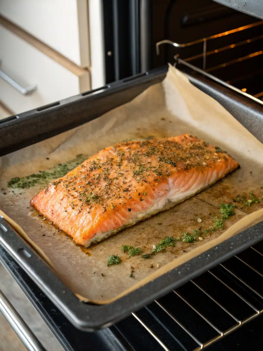 Finished salmon farro bowl with flaky salmon and fresh herbs
