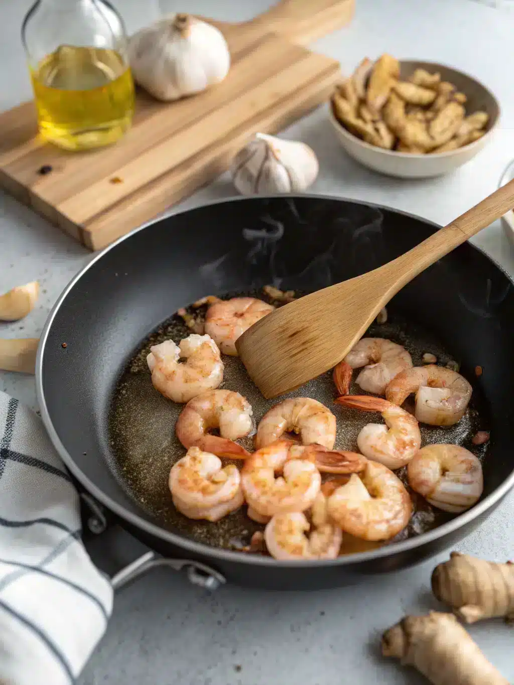 Finished shrimp noodle bowl garnished with lime and herbs