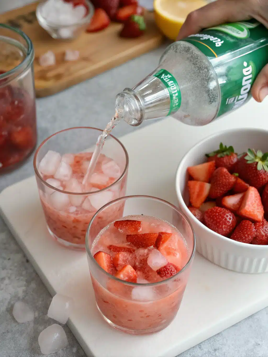 Finished strawberry sprite drink with mint garnish