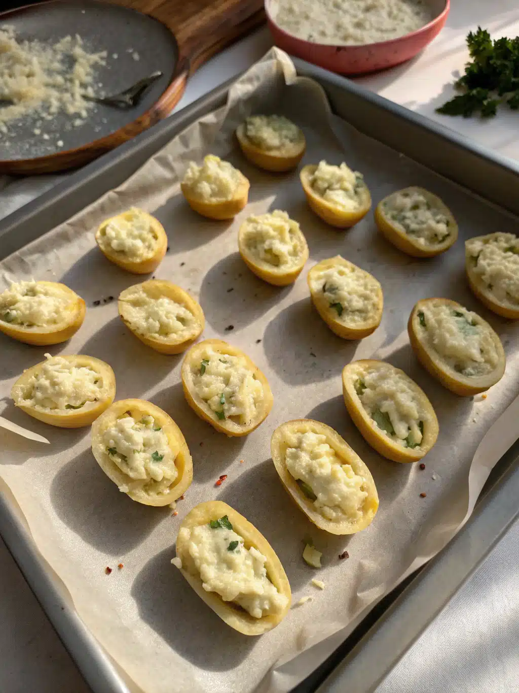Golden brown stuffed potato nests garnished with fresh chives on a serving platter