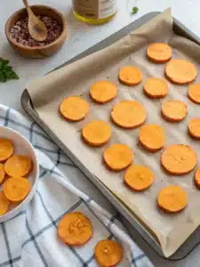Crispy homemade sweet potato chips baked to perfection with olive oil, smoked paprika, and garlic powder—a healthy snack everyone will love.