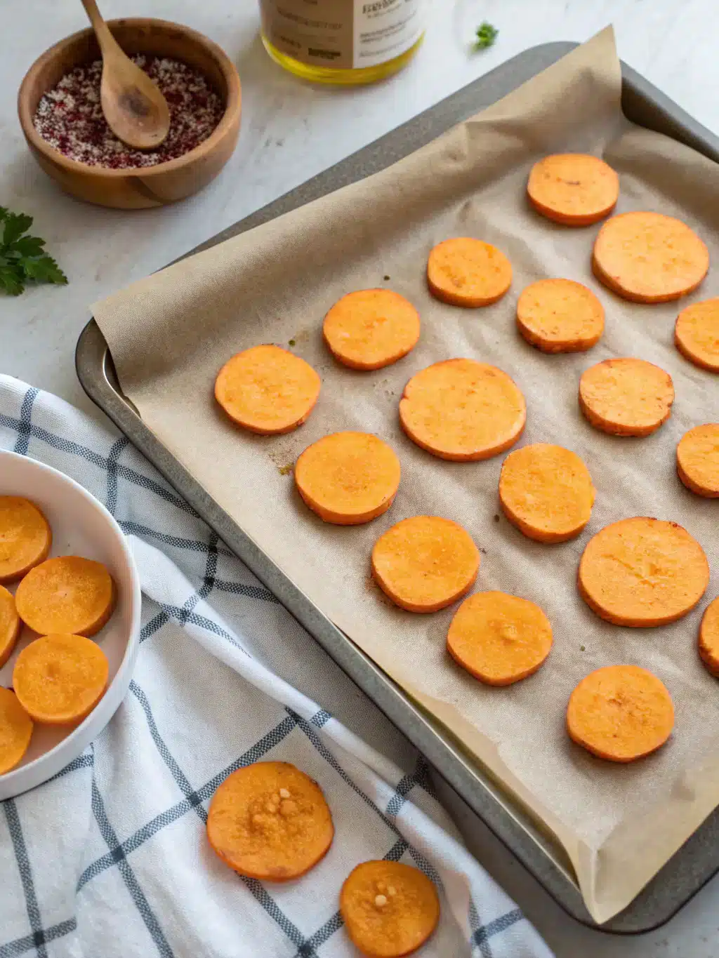 Finished crispy sweet potato chips in a woven basket with fresh herbs