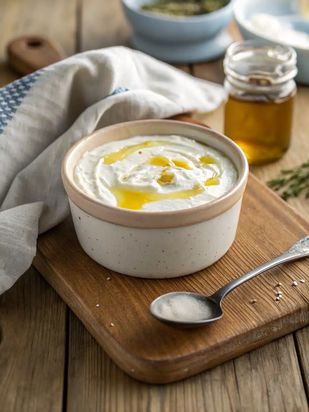 Finished tzatziki sauce recipe in a bowl with olive oil drizzle