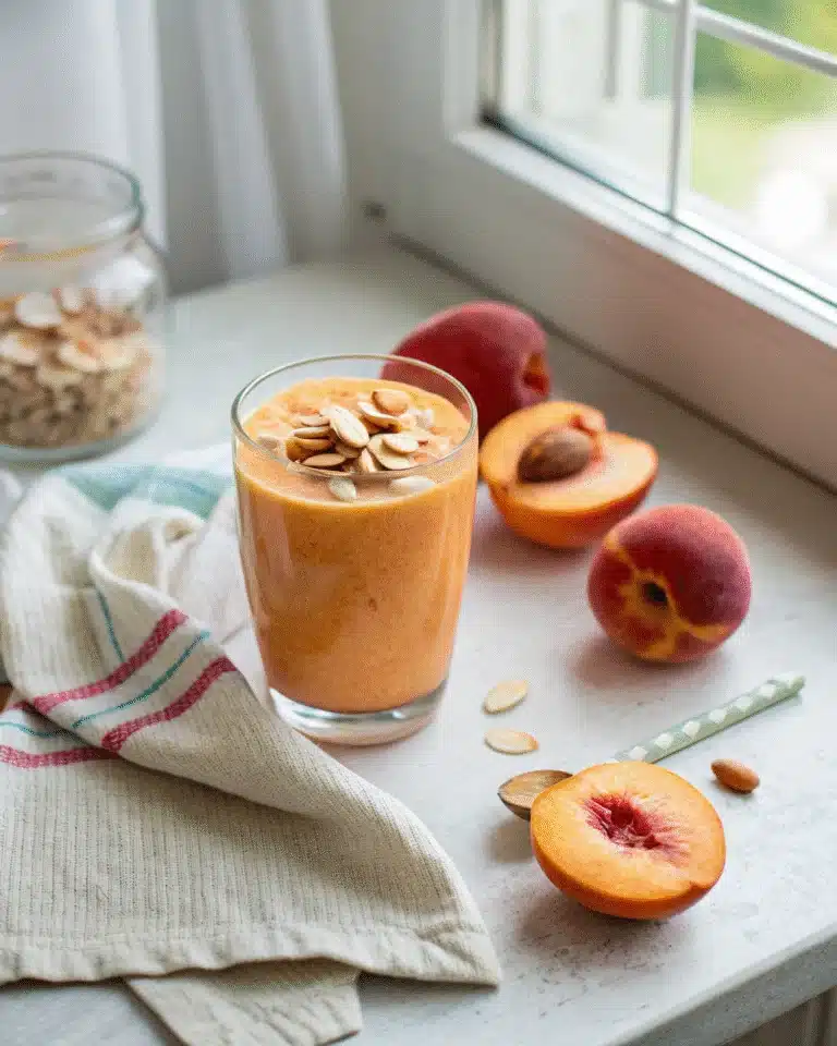 peach smoothie in glass with almond topping