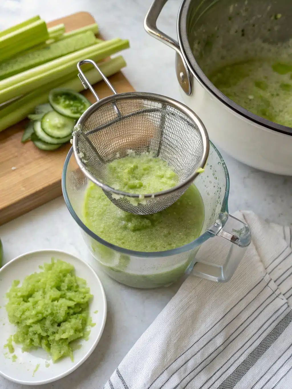 Refreshing homemade green juice Glass of finished celery apple juice with ice