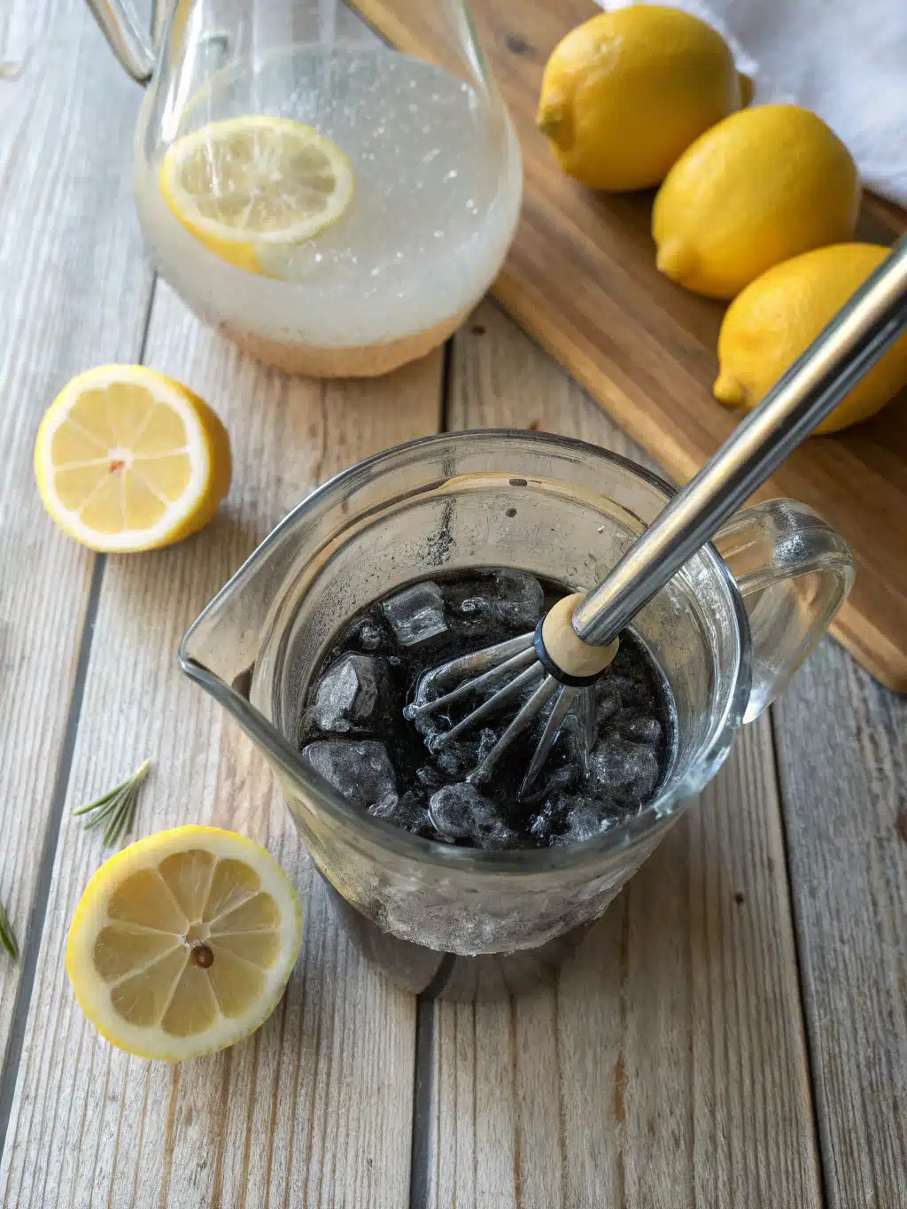 Serving the striking detox lemonade Finished charcoal lemonade served over ice with lemon garnish