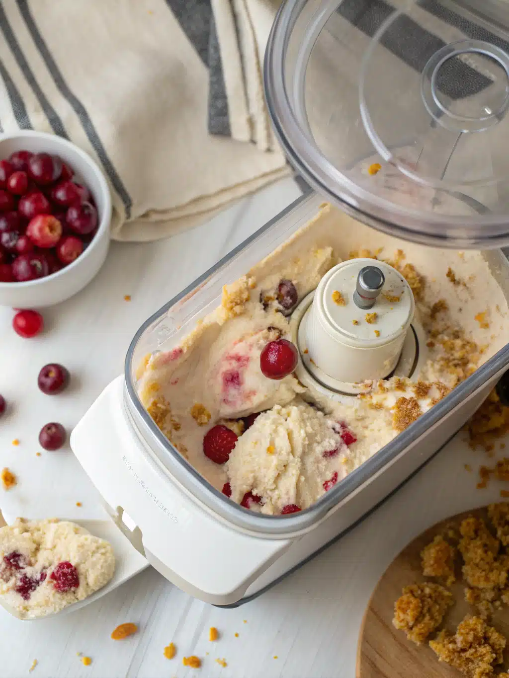 Scoop of finished cherry cheesecake ice cream