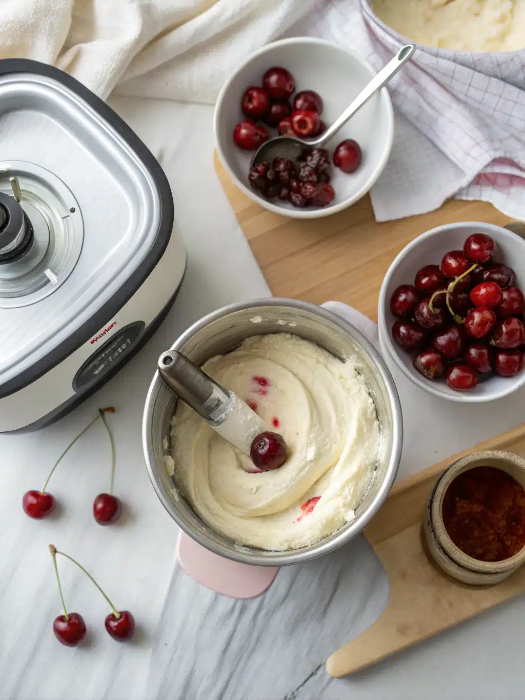 Scoops of finished cherry almond ice cream in a bowl