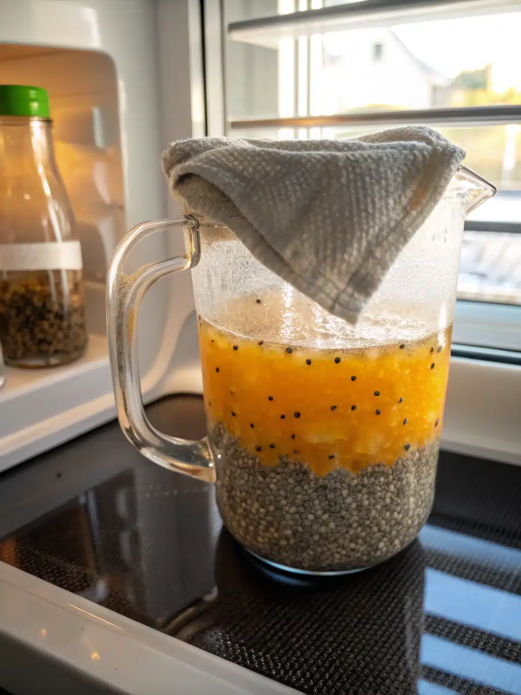 Finished glass of chia citrus water with citrus garnish