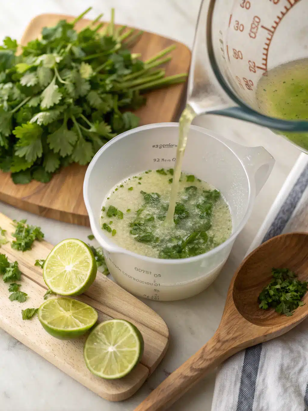 Refreshing homemade lime drink Finished cilantro lime juice in a frosty glass