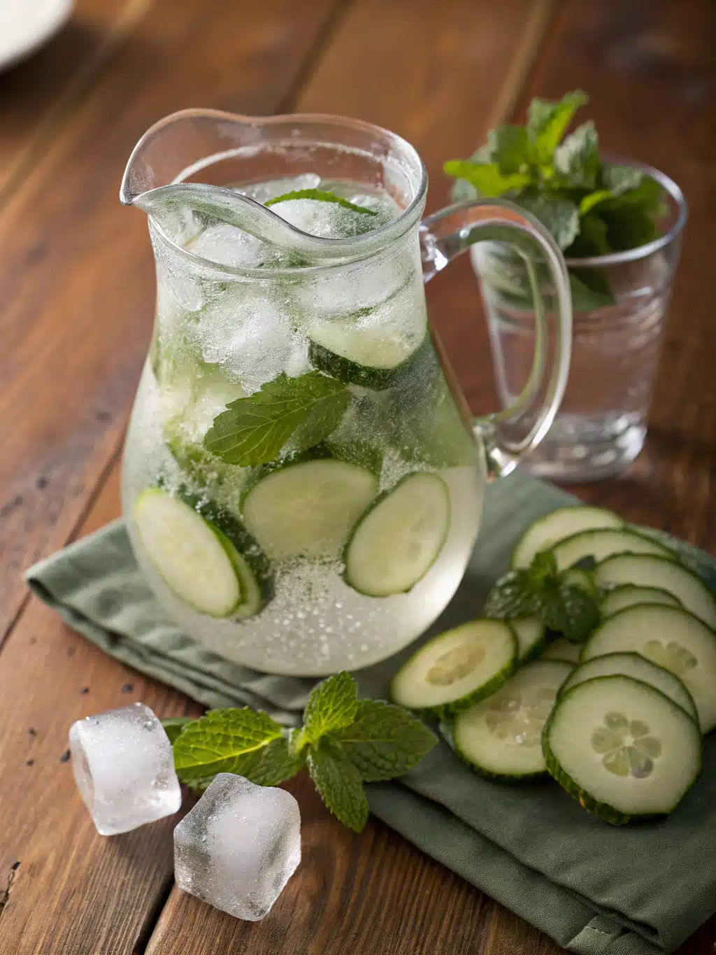 Chilled cucumber mint water served in a glass with ice