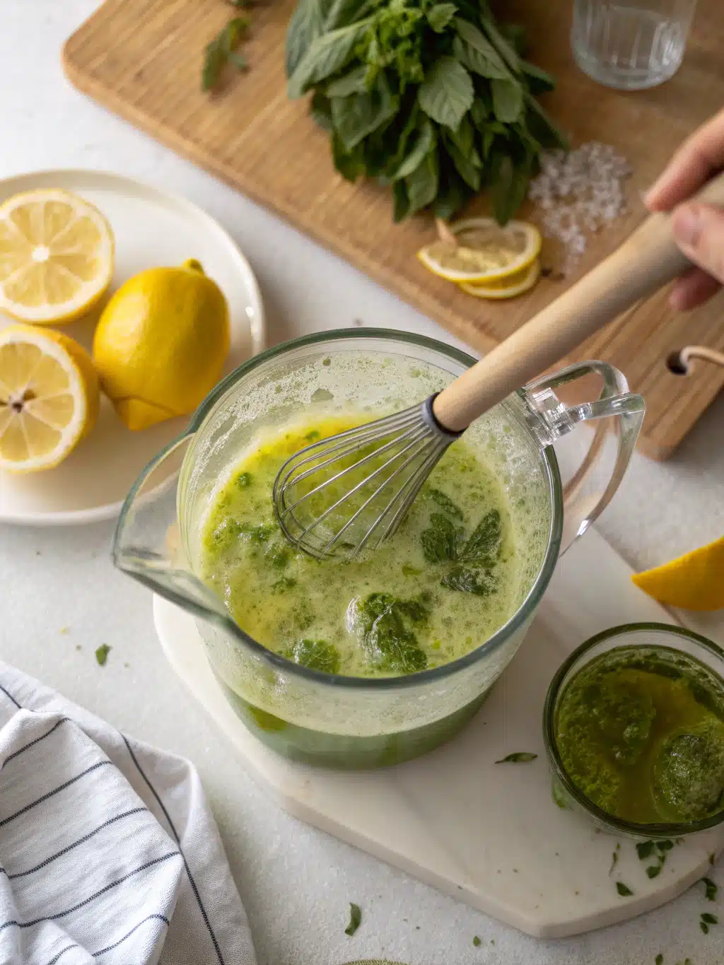 Finished glass of green tea lemonade with mint garnish