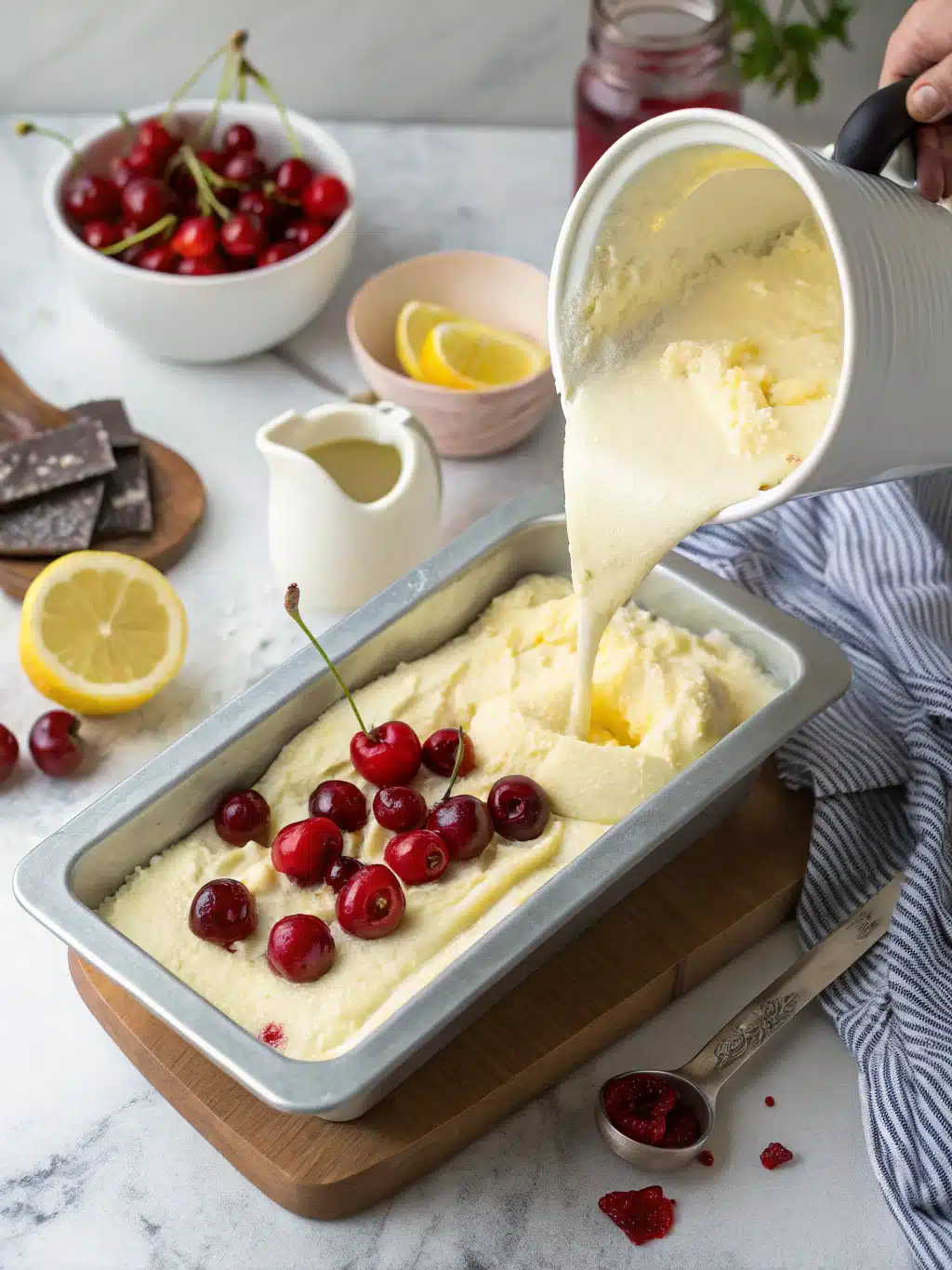 Serving homemade cherry gelato Scoops of finished lemon cherry gelato in bowls